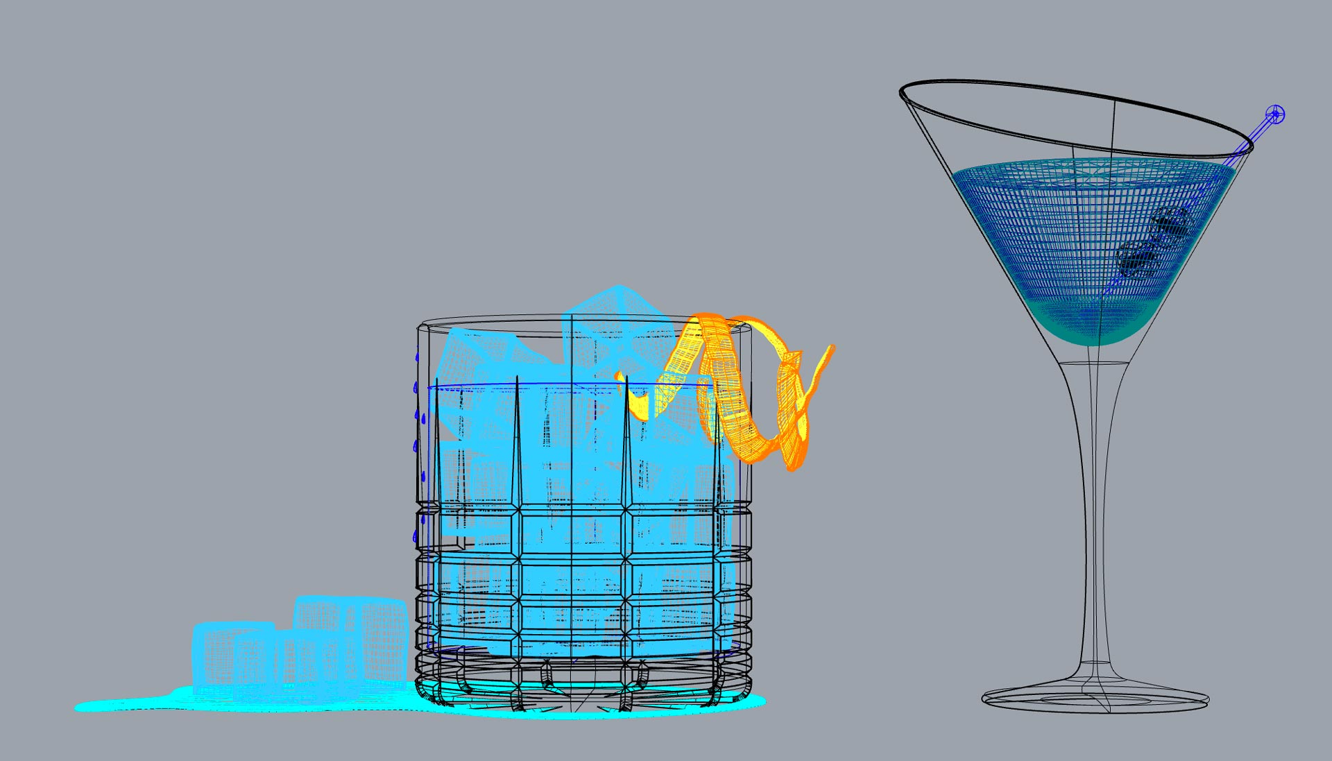 cocktail_3d 3d model of negroni and martini